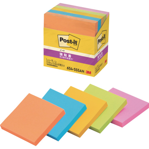 ３Ｍ　ポスト・イット　強粘着　７５×７５ｍｍ　９０枚×５パッド　５色混色　